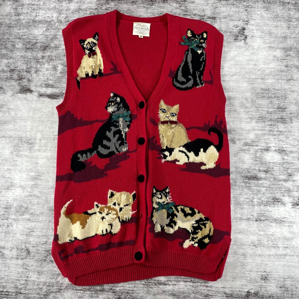 Susan Bristol Vintage 1995 Red Cat Novelty Knit Sweater Vest Hand Embroidered S